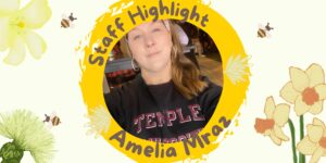 banner highlighting staff amelia mraz with yellow background flowers and bees